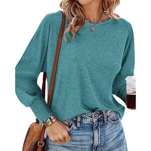 BTFBM Long Sleeve Oversized Casual Crew Neck Smocked Sleeve Top